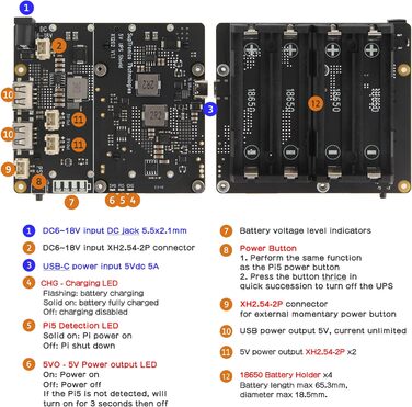 ДБЖ Geekworm Raspberry Pi 5 (X1202), 4-елементний ДБЖ на 18650 (макс. вихід 5,1 В 5 А) з широким входом 6-18 В Автоматичне ввімкнення Безпечне вимкнення Виявлення втрати потужності