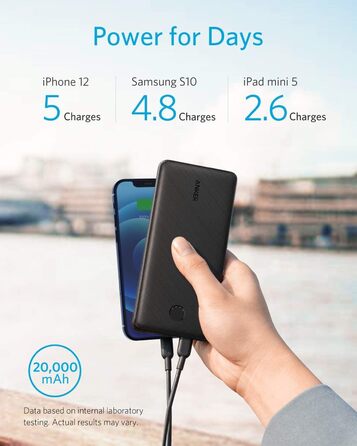 Портативний зарядний пристрій Anker USB C, акумулятор PowerCore Essential 20000 PD (20 Вт), акумуляторна батарея високої ємності 20000 мАг для iPhone 14/15//15 Pro/15 Pro Max/X, Galaxy (зарядний пристрій PD не входить)