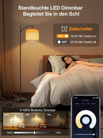 Підлоговий світильник KingMile Вітальня, WiFi RGBCW Світлодіодний торшер з регулюванням яскравості за допомогою Alexa та Google Home, 9 Вт Сучасна лампа для читання для спальні 3 колірні температури Лляний абажур і ножний перемикач для вітальні, 156 см