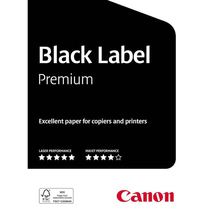 Багатофункціональний папір Canon Black Label Premium (5 x 500 аркушів, сертифікований FSC, A4 80 г/м, усі принтери яскраво-білого кольору CIE 164)