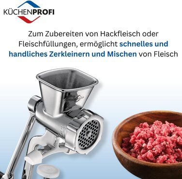 Ручна м'ясорубка Kchenprofi SOLIDO з нержавіючої сталі, в т.ч. 3 перфорованих диска та насадка для печива, для подрібнення м'яса, як кондитерський прес для печива та багато іншого, з надзвичайно великим затискачем для столу