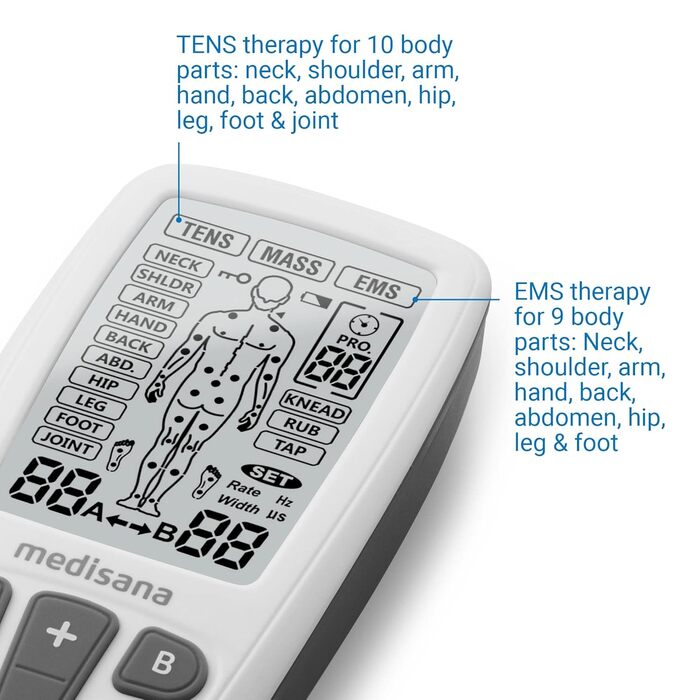 Апарат medisana TENS, струм для стимуляції EMS з 60 програмами Професійний апарат для електротерапії Розслаблення та полегшення болю на спині, шиї, плечах, животі, стегні за допомогою 4 електродних подушечок