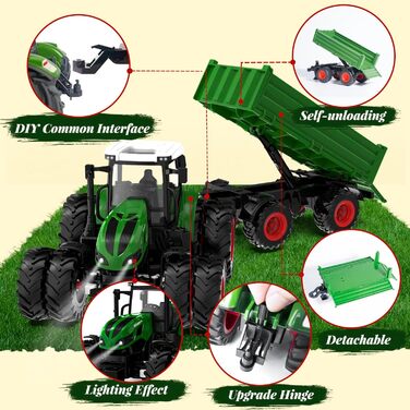 Трактор на дистанційному управлінні, Іграшка трактор від 2 3 4 5 6 років, Rc трактор з причепом, Сільськогосподарський трактор зі світлом, Різдвяний подарунок для дітей різнокольоровий