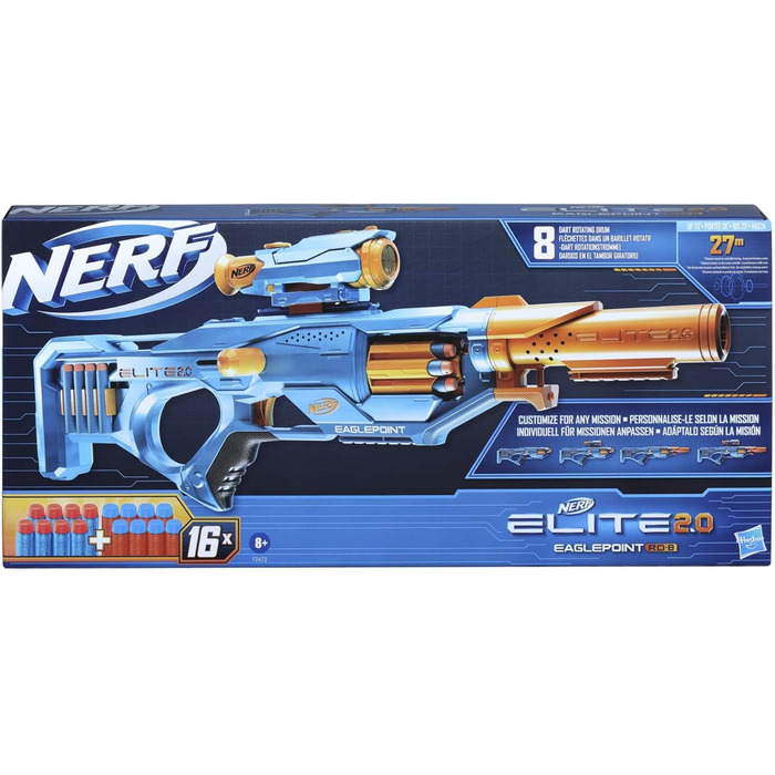 Бластер Nerf Elite 2.0 Eaglepoint RD-8, барабан на 8 дротиків, знімний телескоп і знімний ствол, з 16 дротиками Nerf і болтами, 27-метрова стрільбище, для хлопчиків і дівчаток