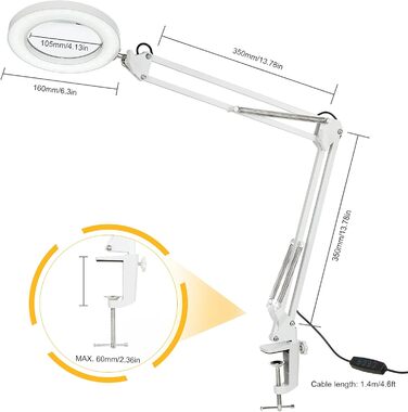 Гнучка лупа зі світловою підставкою Настільна лампа Світлодіодна лупа з можливістю затемнення 8 шт. Світлодіоди з поворотною рукою 3 колірні режими та 10 рівнів яскравості Лампа лупи Косметична лампа (більша, біла)
