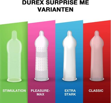 Презервативи Durex Surprise Me в стильній коробці - Екстра різноманітність, практичні та непомітно упаковані - для надійного захисту з приємним запахом - Оптова упаковка - 40 шт. (1 х 40 шт. ) (70 шт. (1 упаковка))