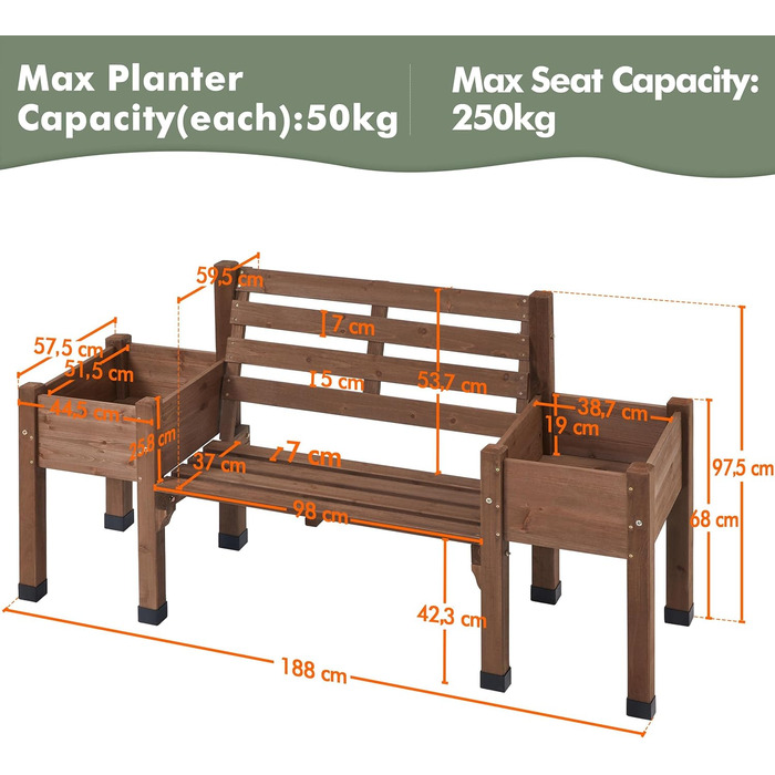 Садова лавка Yaheetech з ящиком для квітів, дерев'яна лавка зі спинкою та ящиком для кашпо з масиву дерева Атмосферостійка піднята ліжко Відкрита паркова лавка для садового балкона, коричнева 188 59,5 97,5 см