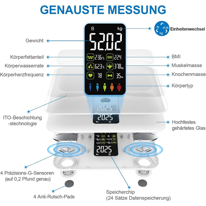 Шкала жиру в організмі Lepulse Lescale F4 pro, ваги з жировими відкладеннями та м'язовою масою, ваги для ванної кімнати з аналізом жиру в організмі, шкала складу тіла, надточні ваги тіла, тенденція, великий дисплей, 15 вимірювань тіла (білий)