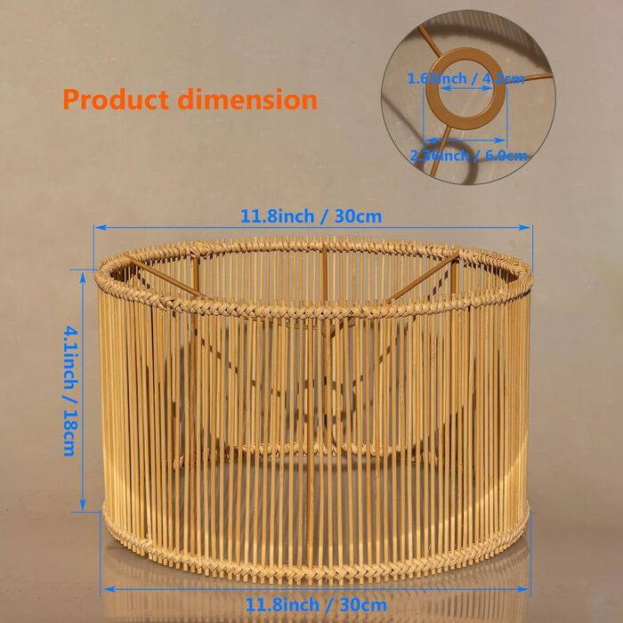 Абажур Ротанг Бамбуковий абажур, середній круглий/барабанний абажур для настільної лампи, настінного світильника, приліжкового світильника та торшера, натуральний плетений ручної роботи світло-коричневий, 1PZTSTY