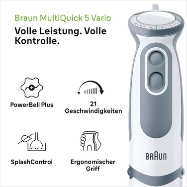 Ручний блендер Braun MQ 5200WH - блендер MultiQuick 5 Vario з основою блендера з нержавіючої сталі, 1000 Вт, в т.ч. 600 мл, білий/сірий Змішувальні та мірні чашки Білий/Сірий