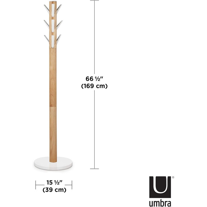 Вішалка для одягу Umbra Flapper - Вішалка для одягу з 9 відкидними гачками Aluminimum для передпокою та офісу, дерево / біле - натуральне & 320240-668 підставка для парасольки, біле / натуральне біле / натуральний комплект з підставкою для парасольки