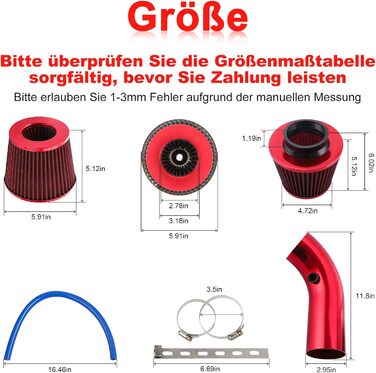 Універсальний спортивний повітряний фільтр CarBole Повітряне охолодження автомобіля Комплект повітрозабірних фільтрів Універсальна система впуску повітря з вуглецевого волокна зі шлангом червоним