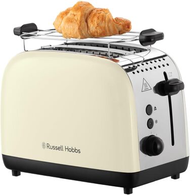 Тостер Russell Hobbs на 2 скибочки Colours Plus Stainless Steel Cream (надзвичайно широкі отвори для тостів, включаючи насадку для булочки, 6 рівнів підрум'янювання функція розморожування, функція lift & look, 1600 Вт) 26551-56 Тостер НОВИНКА