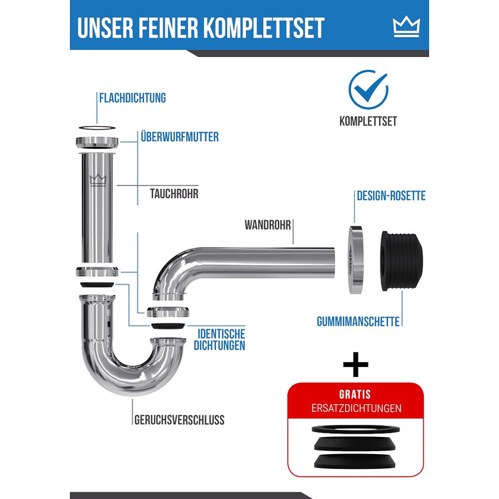 Універсальний сифон преміум-класу для умивальника з нержавіючої сталі, занурювальна трубка зливної труби 2-12 см з регулюванням висоти, набір відходів для умивальника 1 1/4 хром, FREE набір прокладок, відео з монтажу.