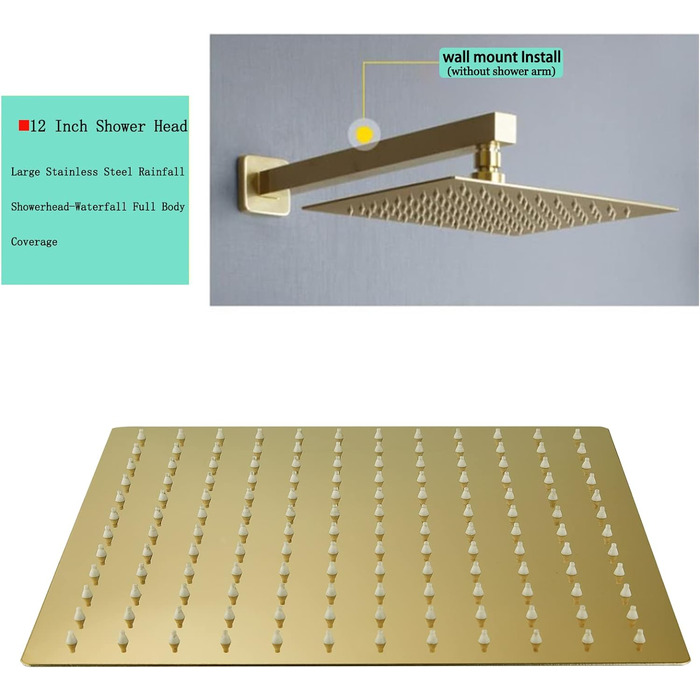 Душова лійка для тропічного душу Ohotecy 12 дюймів (30 см) з нержавіючої сталі AISI304 насадка для тропічного душу Форсунки проти вапняного нальоту Душова лійка для дощу квадратна (золото)