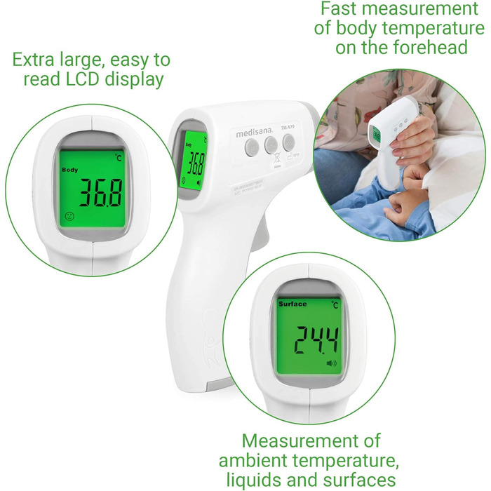 Безконтактний інфрачервоний термометр medisana TM A79, клінічний термометр, цифровий, безконтактний налобний термометр для дорослих, дітей та немовлят, (1 упаковка)
