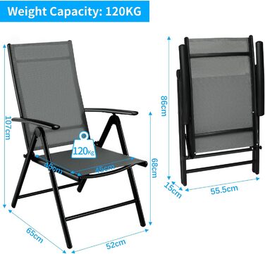 Садовий стілець LIFERUN з регулюванням високої спинки, набір з 2 садових стільців Teslin алюмінієвий складний, спинка з регулюванням в 7 напрямках, до 120 кг, балконний стілець Кемпінгові стільці обідній стілець для активного відпочинку