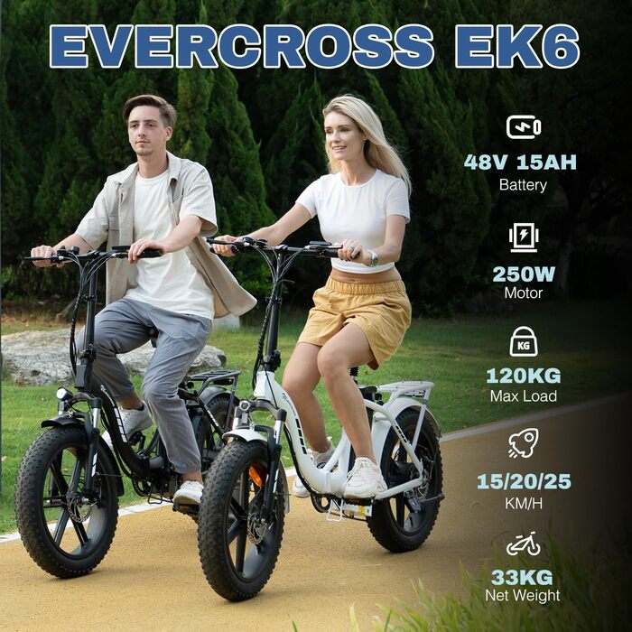 Електричні велосипеди EVERCROSS EK6 дорослі, складаний електровелосипед з шинами 20 x 4.0, гірський електровелосипед з 7-ступінчастою коробкою передач, акумулятор 48V 15AH, двигун 250W, вага 33.2 кг, подвійні амортизатори чорного кольору в стандартній ком