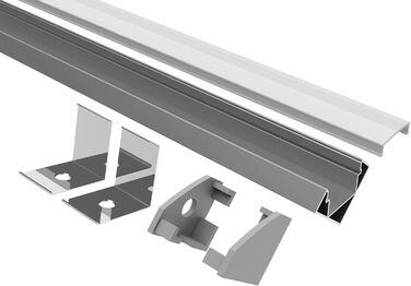 М E45 Повний комплект для смуг/стрічок шириною до 12 мм Атласна кришка молочного кольору, торцеві кришки, затискачі для кріплення L-подібний кутовий кутовий профіль Кутовий профіль анодований, 2