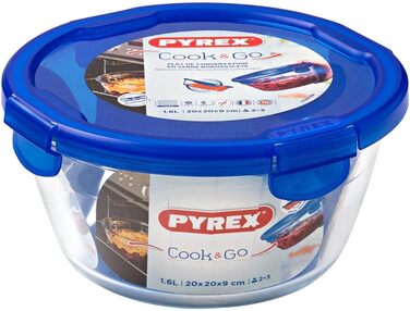 Скляний контейнер з кришкою Cook and Go, Pyrex, овальний, 1,6 л, скло, синій/прозорий, 20 см 20 х 20 х 9 см Круглий контейнер