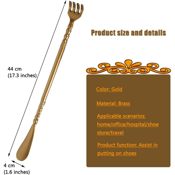 Допоміжна палиця для взуття для вагітних, латунний ріжок середньої довжини для домашнього господарства, міцний і довговічний помічник для взуття, інструмент для подряпин у формі вилки подвійного використання, Ge Gold
