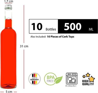 Порожніх скляних пляшок 500 мл BOR Пляшки для соку Пляшки з кришкою, що загвинчується для самостійного наповнення 0,5 л Пляшки для лікеру Пляшки для спиртних напоїв Пляшки з оцтом Пляшки з олією Висота 32 см, від slkfactory, 10