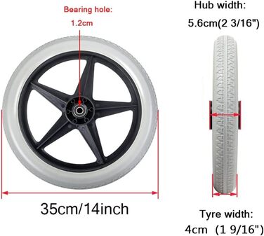 Дюймові аксесуари для інвалідних візків ззаду, 14 x 1.75 ненадувне колесо, ручне запасне колесо для інвалідного візка/сірий/2 місця, 14-