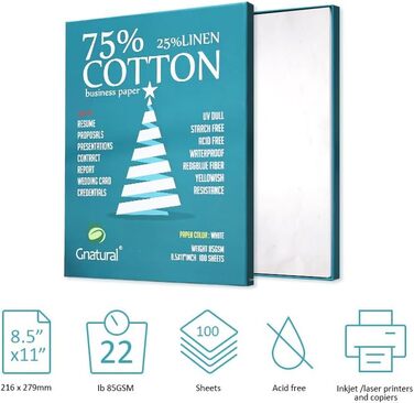 Бавовна, 25 лляний папір, 85 г/м, папір для лазерного друку, формат A4, білий, 100 аркушів водонепроникний бавовняний папір, 75