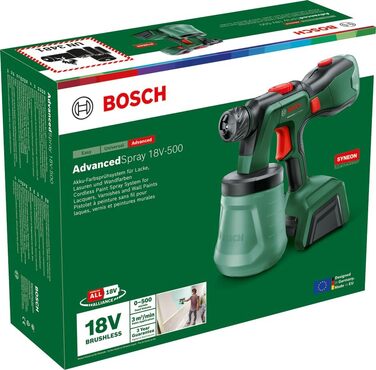 Акумуляторний фарборозпилювач Bosch AdvancedSpray 18V-500 (для емульсійних/латексних фарб, глазурі та лаків 3 м/хв 2 балончика по 1200 мл акумулятор 4 Ач і зарядний пристрій)