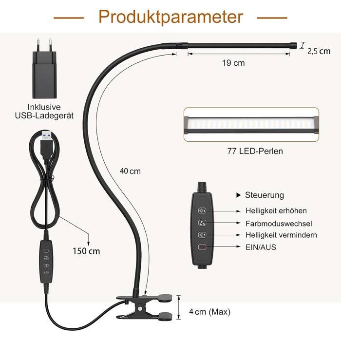 Світлодіодна настільна лампа iZELL 77 з регулюванням яскравості - 3 колірні температури та 10 рівнів яскравості 40-сантиметрова гнучка гусяча шия із зарядним пристроєм USB, затискачем, офісною лампою, робочою лампою для домашнього офісу/офісу 40 см гусяча