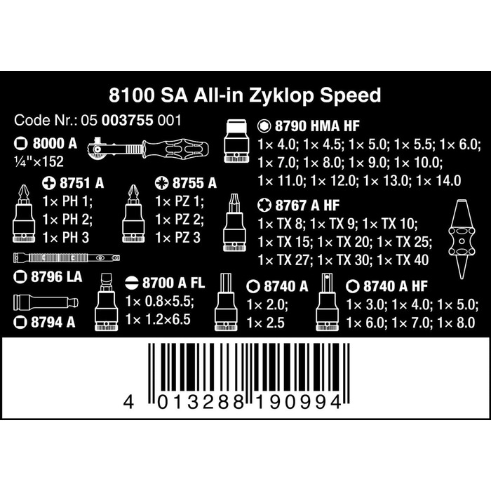 Набір тріскачок Zyklop Speed All-in Zyklop Speed, 42 шт. и, 1/4 дюйма, кольорові одинарні, 05003755001 8100 SA