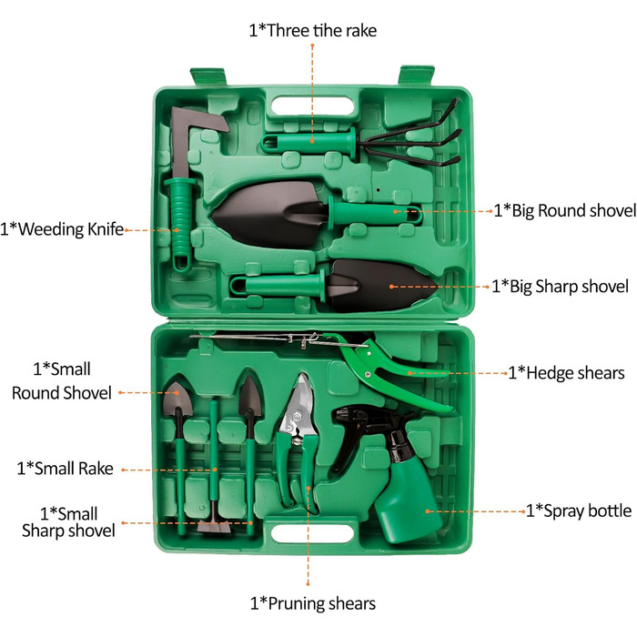 Набір садового інструменту DUOJIN, набір садового інструменту для квітника з 10 частин, подарунковий набір садового ручного інструменту, садові подарунки для жінок та чоловіків, з секатором та ящиком для зберігання, садові аксесуари