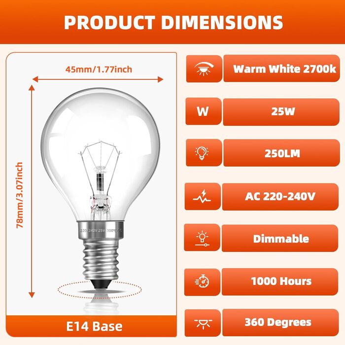 Лампа для духовки E14, затемнення, G45 Globe Clear, 300 градусів, жаростійка духовка, теплий білий 2700K 250LM, лампа для духовки E14, лавова лампа, настільна лампа, 2 шт.