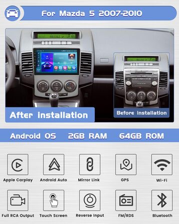 Автомобільна стереосистема Android 13 з бездротовим Carplay Автомобіль Android для Mazda 5 2007-2010 9-дюймова автомагнітола з GPS Navi Bluetooth WiFi RDS HI-FI FM 2USB SWC камера заднього виду, 2G64G