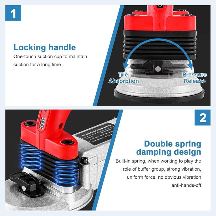 Електричний вібратор для плитки, вирівнювач плитки, акумулятор 2 x 2000 мАг з подвійною присоскою, 6-швидкісна кнопка блокування оновлення, максимальне зусилля адсорбції 400 кг
