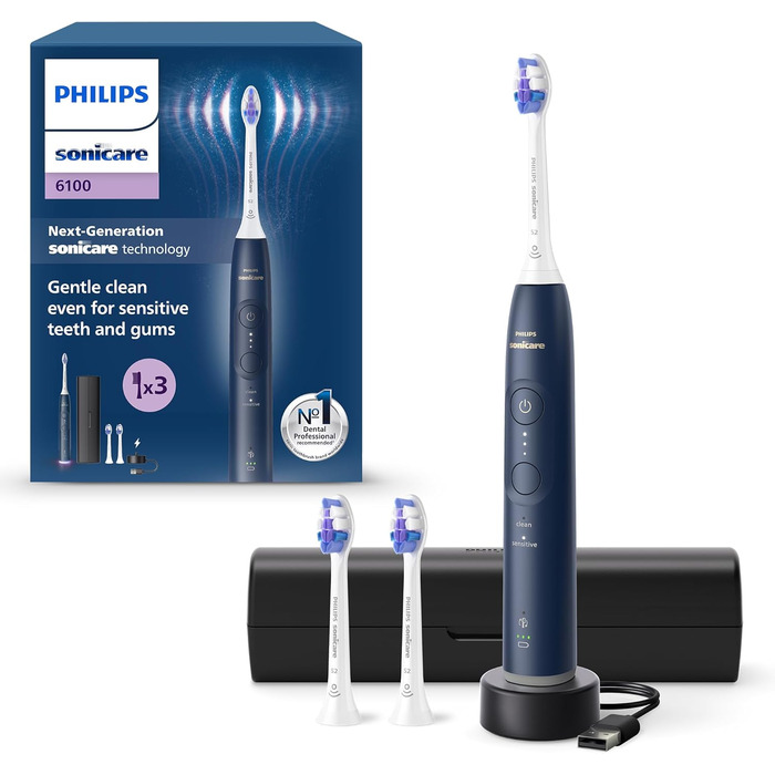 Електрична зубна щітка Philips Sonicare 6100, звукова зубна щітка з 2 режимами очищення та 3 рівнями інтенсивності, контролем тиску, EasyStart, SmarTimer і BrushPacer, дорожній футляр, темно-синій, модель HX7403/01