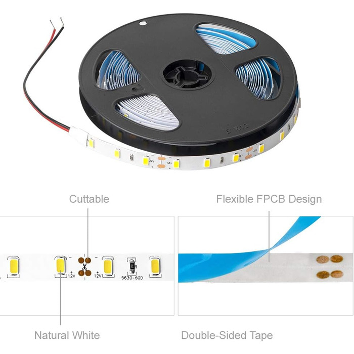 Однотонна гнучка світлодіодна стрічка високої щільності 5M 300 світлодіодів Природний білий 30 Вт 12 В світлодіодна стрічка з можливістю затемнення для спальні Домашня шафа Освітлення Прикраса IP30 Неводонепроникний натуральний білий IP30 Неводонепроникни