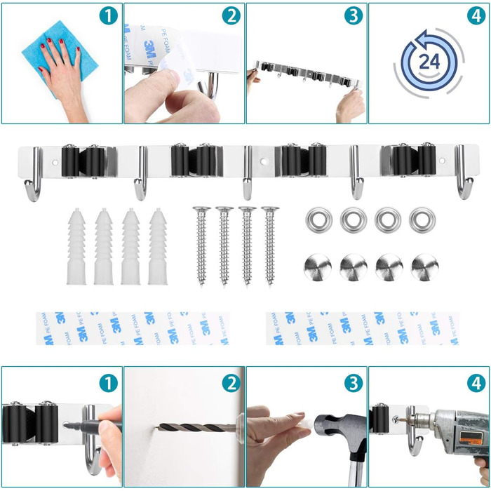 Тримач для мітли з нержавіючої сталі SHYOSUCCE, настінний тримач для мітли з 4 слотами та 5 гачками, настінний кронштейн для тримача приладу для кухні, ванної кімнати, гаража та саду, чорний 44 см чорний