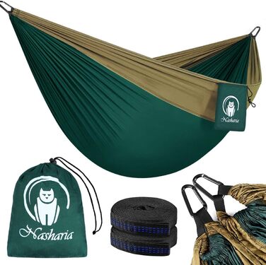 Гамак Nasharia Outdoor, 2 особи Відкритий гамак 300 кг Вантажопідйомність 275 * 140 см, Туристичний гамак Ультралегкий дихаючий гамак Нейлоновий парашут для кемпінгу на відкритому повітрі, саду та пляжу Темно-зелений