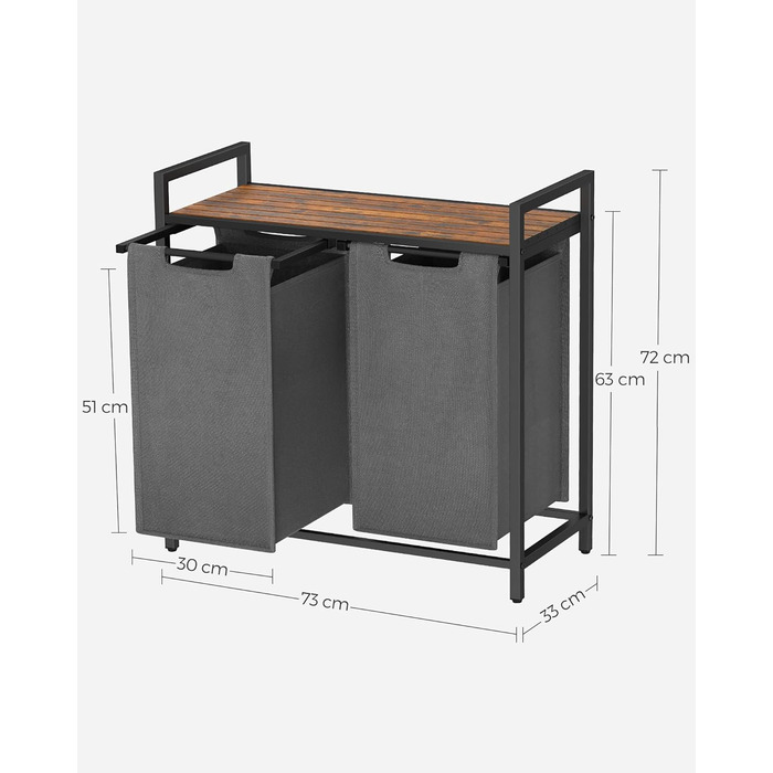 Кошик VASAGLE 2 x 46 л, 73 x 33 x 72 см для білизни з полицею із тканини Oxford з металевою рамою коричнево-чорний