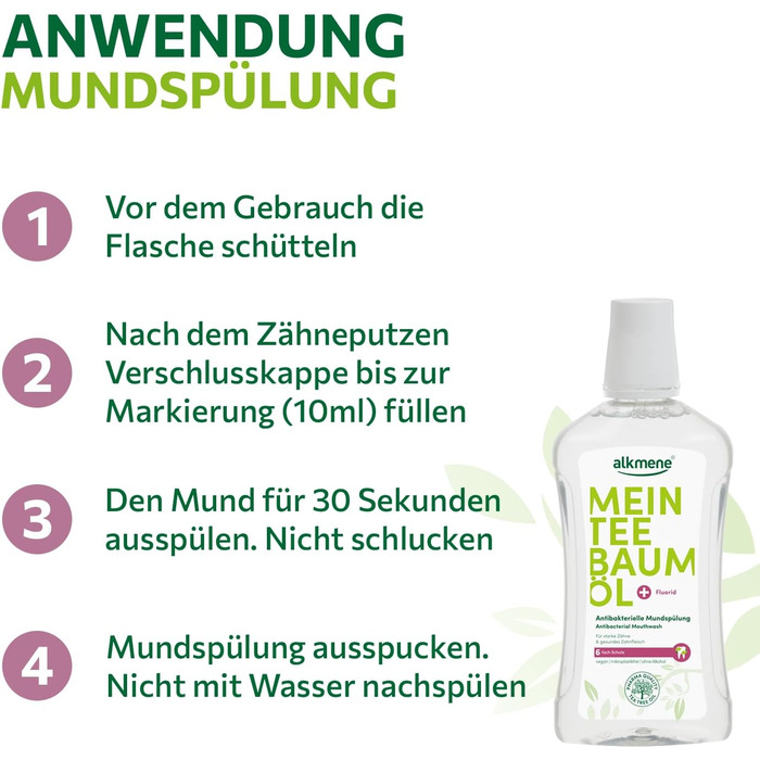 Антибактеріальна рідина для полоскання рота alkmene My Tea Tree Oil 6 шт. 500 мл з 6-кратним захистом - натуральна олія чайного дерева, веганська та кліматично нейтральна - Ополіскувач для порожнини рота для міцних зубів і здорових ясен - Ополіскувач для 