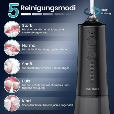 Іригатор порожнини рота Акумуляторний електричний очищувач зубів, Vimmk Dental Irrigator Water Flosser 5 режимів і 8 насадок Акумуляторна нитка для води USB-C IPX7 водонепроникний, резервуар для води 300 мл Очищувач порожнини рота (чорний)