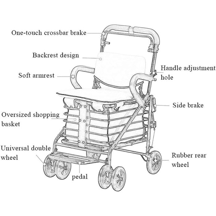 Візок для покупок на колесах, інвалідний візок для людей похилого віку, чотириколісний візок для покупок, візок для домашніх покупок, з педаллю сидіння, бічним гальмом