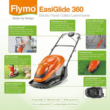 Газонокосарка Flymo EasiGlide 360 Hover Collect - двигун 1800 Вт, ширина зрізу 36 см, травозбірник на 26 л, складається рівно, довжина кабелю 10 м, 9704832-01, оранжевий/сірий, ширина зрізу 36 см