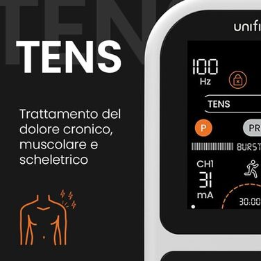 Режим TensCare Unifit TENS, EMS & Massage Mode сприяє зняттю болю, реабілітації м'язів, розслабленню м'язів та спортивним тренуванням