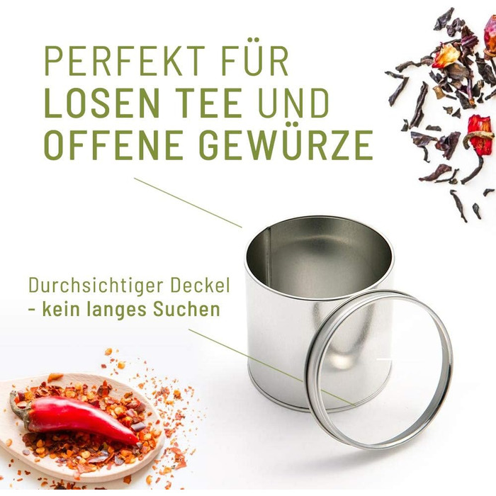 Набір чаю та спецій TEEVERLIEBT з 6 предметів срібло I практичне сховище для чаю та спецій - з прозорою кришкою I контейнер для чаю приблизно на 100 г розсипного чаю - сучасний дизайн I Зберігання чаю 6 шт.