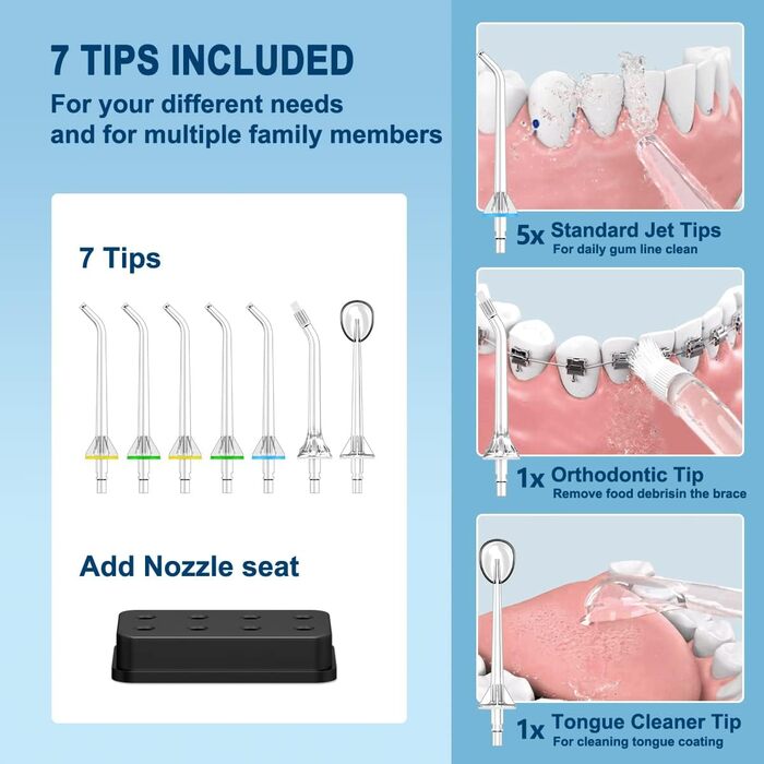 Бездротовий іригатор порожнини рота Howeryol, стоматологічний іригатор з функцією пам'яті РК-екрану, 7 насадок, резервуар для води 260 мл, 10 режимів іригатора порожнини рота Електричний очищувач зубів, водонепроникний IPX7 для домашніх подорожей чорний