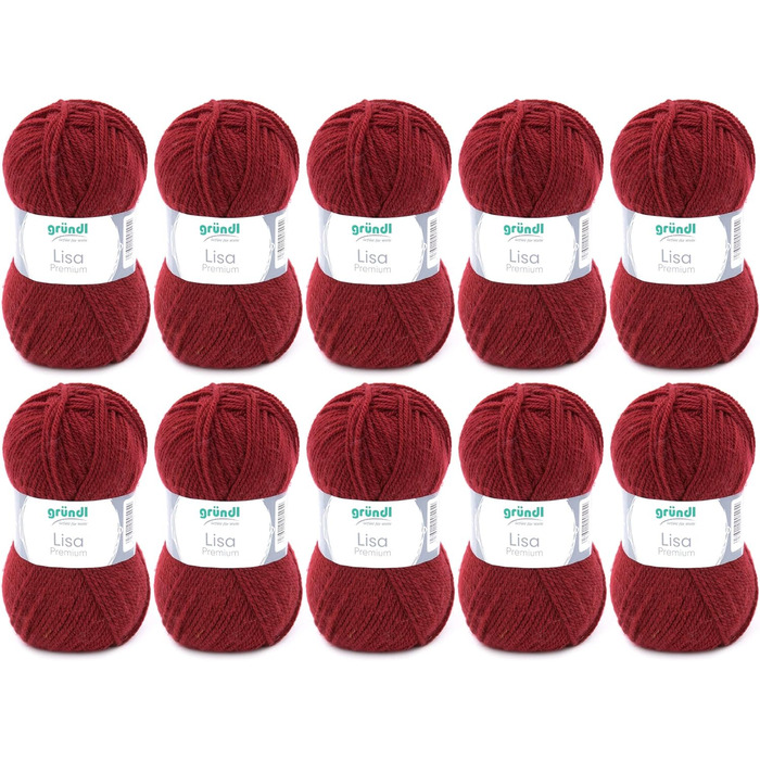 Пряжа Grndl Lisa Premium Uni Knitting & Crochet Yarn (м'яка і вовняна характер, проста в догляді миється трикотажна пряжа з 100 поліакрилу, 50 г/ 133 м, розмір голки 3,5 - 4,5, 10 клубків по 50 г кожен), (бордо)