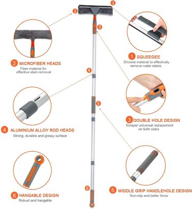 Професійний очищувач склоочисників, Душовий склоочисник 2-в-1 з подовжувачем, Телескопічний омивач вікон з поворотною головкою, Інструменти для миття скла для внутрішніх і зовнішніх високих вікон