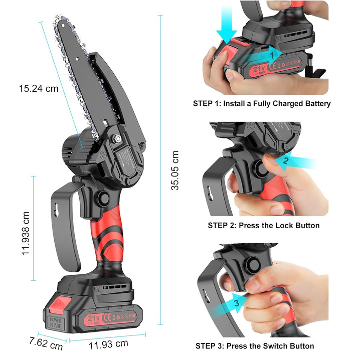 Акумуляторна бензопила 6 дюймів, міні-бензопила з акумулятором бензопила електрична одноручна ручна бензопила електрична, 2 x 2000 мАг акумулятор